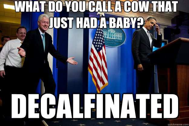 What do you call a cow that just had a baby? Decalfinated  Inappropriate Timing Bill Clinton