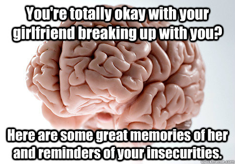 You're totally okay with your girlfriend breaking up with you? Here are some great memories of her and reminders of your insecurities.  Scumbag Brain