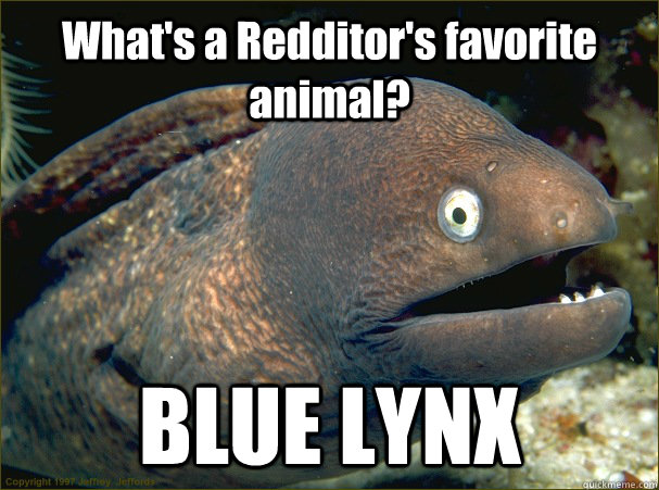 What's a Redditor's favorite animal? BLUE LYNX  Bad Joke Eel