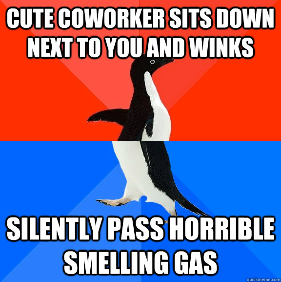 Cute coworker sits down next to you and winks Silently pass horrible smelling gas - Cute coworker sits down next to you and winks Silently pass horrible smelling gas  Socially Awesome Awkward Penguin