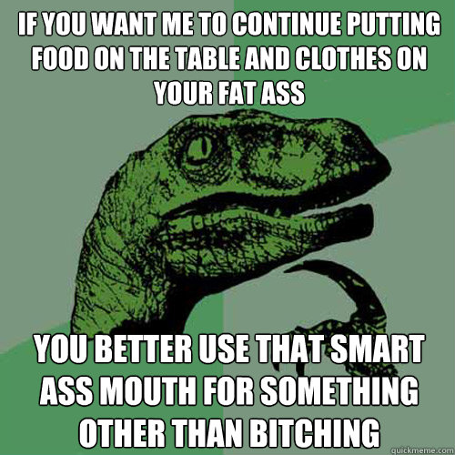 if you want me to continue putting food on the table and clothes on your fat ass you better use that smart ass mouth for something other than bitching  Philosoraptor