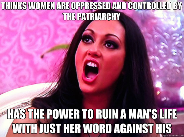 thinks women are oppressed and controlled by the patriarchy has the power to ruin a man's life with just her word against his  Feminist Nazi