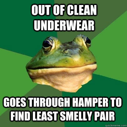 Out of clean underwear Goes through hamper to find least smelly pair  Foul Bachelor Frog