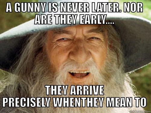 Gunny gANDALF - A GUNNY IS NEVER LATER. NOR ARE THEY EARLY.... THEY ARRIVE PRECISELY WHENTHEY MEAN TO Misc