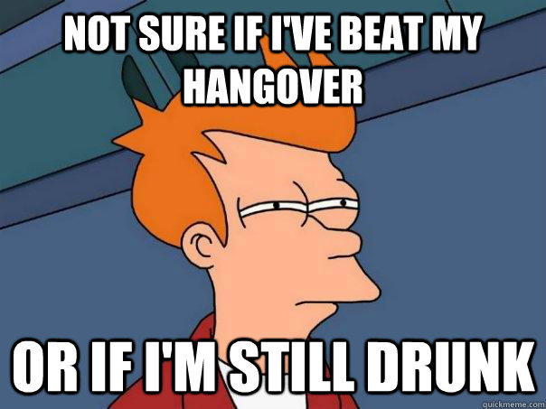 Not sure if I've beat my hangover Or if i'm still drunk  Futurama Fry