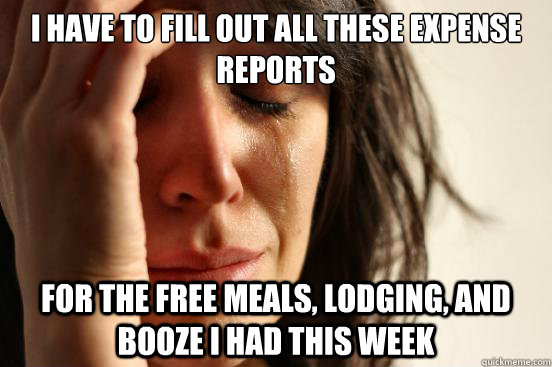 I have to fill out all these expense reports for the free meals, lodging, and booze I had this week  First World Problems