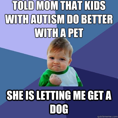 Told mom that kids with autism do better with a pet She is letting me get a dog - Told mom that kids with autism do better with a pet She is letting me get a dog  Success Kid