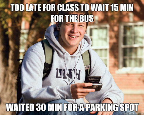 too late for class to wait 15 min for the bus waited 30 min for a parking spot  College Freshman