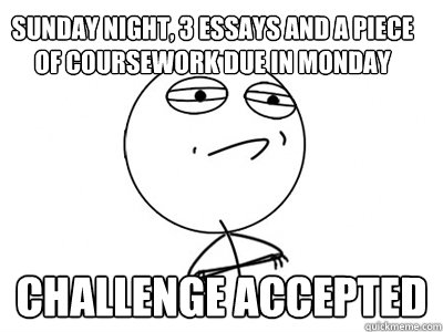 Sunday night, 3 essays and a piece of coursework due in monday Challenge Accepted - Sunday night, 3 essays and a piece of coursework due in monday Challenge Accepted  Challenge Accepted