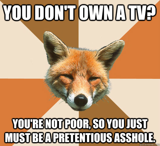 You don't own a TV? You're not poor, so you just must be a pretentious asshole.  Condescending Fox