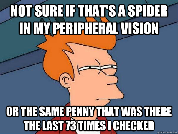 Not sure if that's a spider in my peripheral vision Or the same penny that was there the last 73 times I checked - Not sure if that's a spider in my peripheral vision Or the same penny that was there the last 73 times I checked  Futurama Fry