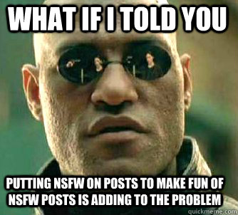 what if i told you putting nsfw on posts to make fun of nsfw posts is adding to the problem  Matrix Morpheus