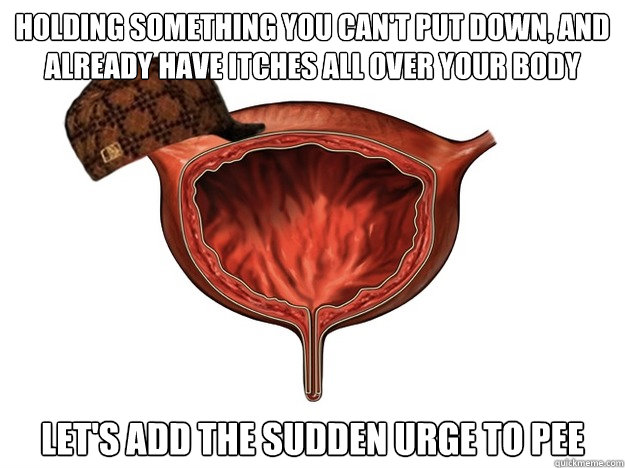 Holding something you can't put down, and already have itches all over your body Let's add the sudden urge to pee - Holding something you can't put down, and already have itches all over your body Let's add the sudden urge to pee  Scumbag Bladder