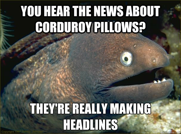 YOU HEAR THE NEWS ABOUT CORDUROY PILLOWS? THEY'RE REALLY MAKING
HEADLINES - YOU HEAR THE NEWS ABOUT CORDUROY PILLOWS? THEY'RE REALLY MAKING
HEADLINES  Bad Joke Eel