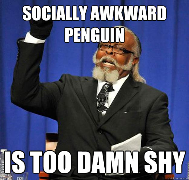 Socially awkward penguin Is too damn shy  Jimmy McMillan