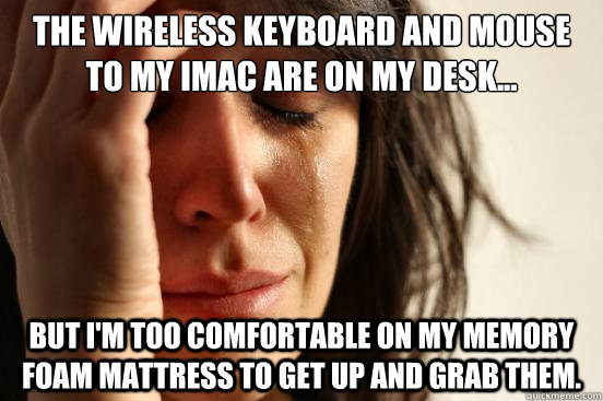 The wireless keyboard and mouse to my iMac are on my desk... but I'm too comfortable on my memory foam mattress to get up and grab them.   First World Problems