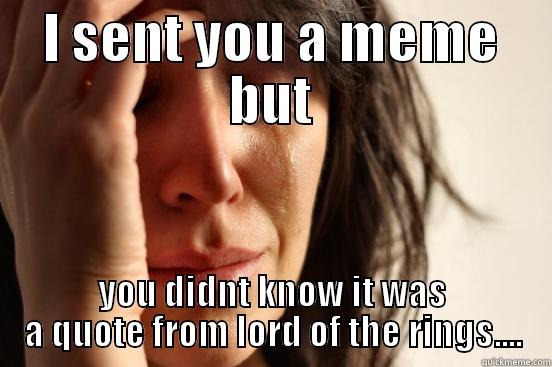 I SENT YOU A MEME BUT YOU DIDNT KNOW IT WAS A QUOTE FROM LORD OF THE RINGS.... First World Problems