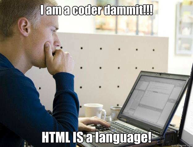 I am a coder dammit!!! HTML IS a language!  Programmer