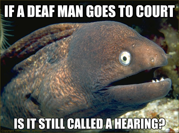 If a deaf man goes to court Is it still called a hearing? - If a deaf man goes to court Is it still called a hearing?  Bad Joke Eel