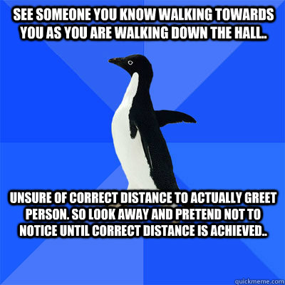 See someone you know walking towards you as you are walking down the hall.. Unsure of correct distance to actually greet person. So look away and pretend not to notice until correct distance is achieved.. - See someone you know walking towards you as you are walking down the hall.. Unsure of correct distance to actually greet person. So look away and pretend not to notice until correct distance is achieved..  socialy awkward penguin