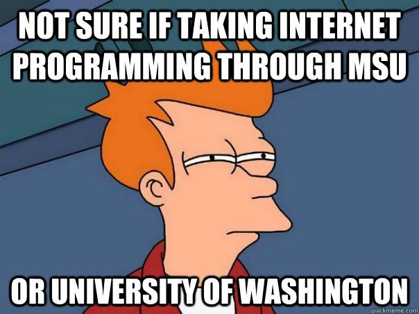 not sure if taking Internet Programming through MSU or University of Washington  Futurama Fry