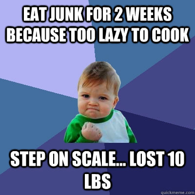 Eat Junk for 2 weeks because too lazy to cook Step on scale... lost 10 lbs  Success Kid