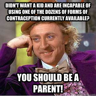 Didn't want a kid and are incapable of using one of the dozens of forms of contraception currently available? You should be a parent! - Didn't want a kid and are incapable of using one of the dozens of forms of contraception currently available? You should be a parent!  Condescending Wonka