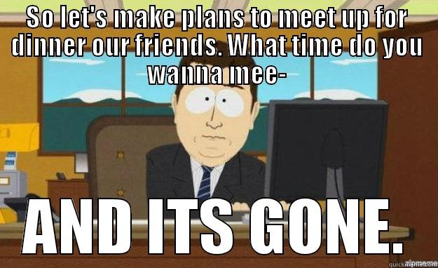 SO LET'S MAKE PLANS TO MEET UP FOR DINNER OUR FRIENDS. WHAT TIME DO YOU WANNA MEE- AND ITS GONE. aaaand its gone