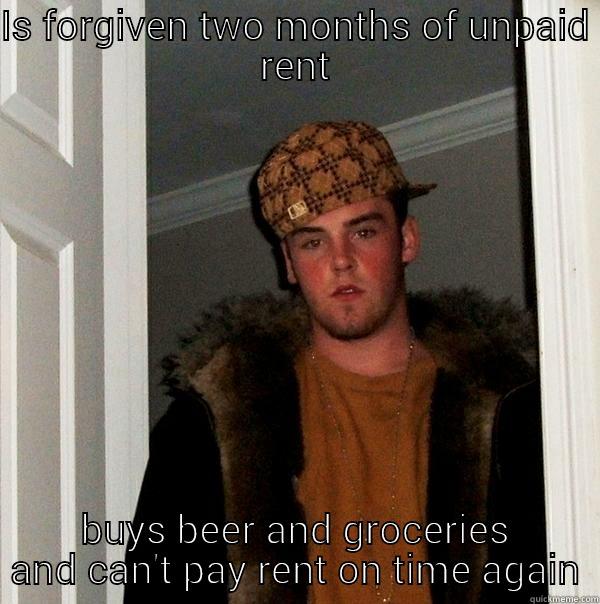 IS FORGIVEN TWO MONTHS OF UNPAID RENT BUYS BEER AND GROCERIES AND CAN'T PAY RENT ON TIME AGAIN Scumbag Steve