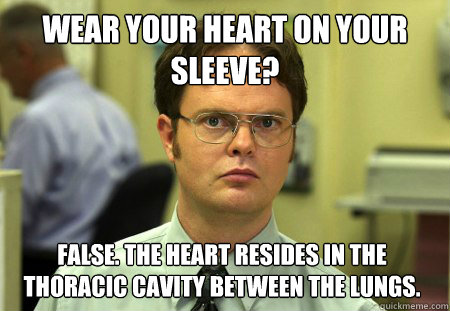 wear your heart on your sleeve? False. the heart resides in the thoracic cavity between the lungs.  Dwight