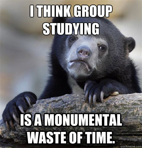 I think group studying is a monumental waste of time. - I think group studying is a monumental waste of time.  Confession Bear