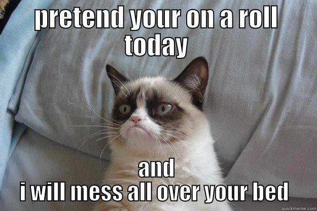 PRETEND YOUR ON A ROLL TODAY AND I WILL MESS ALL OVER YOUR BED  Grumpy Cat