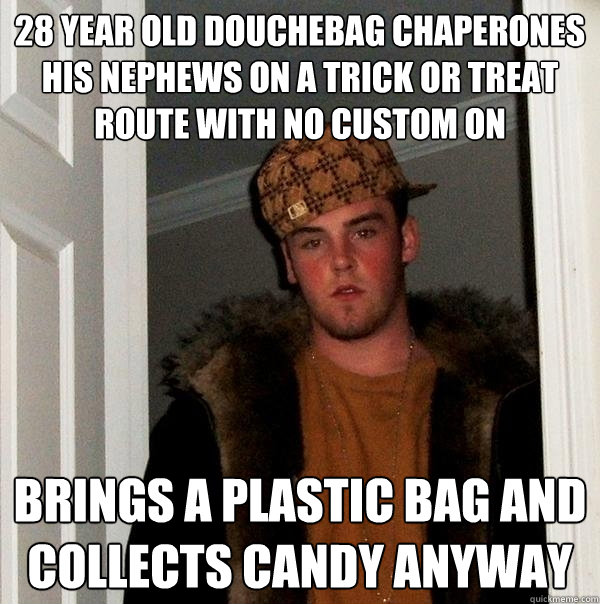 28 year old douchebag chaperones his nephews on a Trick or treat route with no custom on brings a plastic bag and collects candy anyway  Scumbag Steve