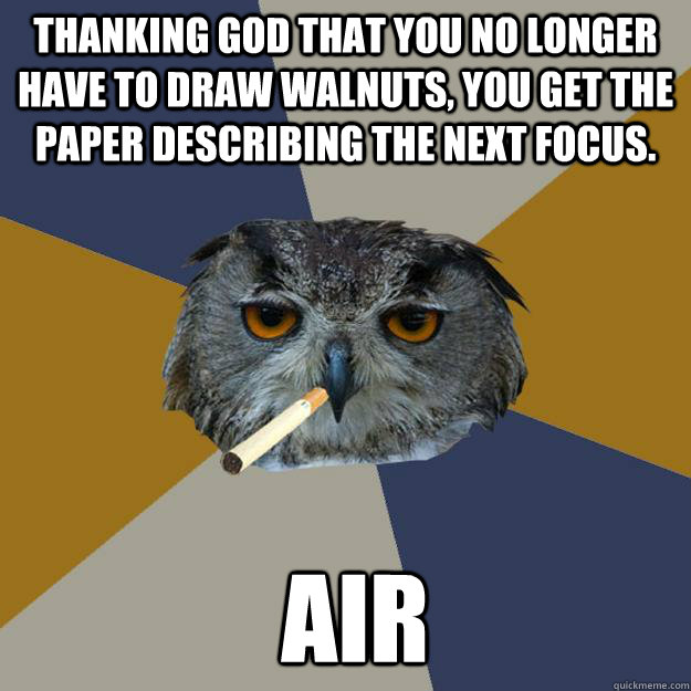 thanking god that you no longer have to draw walnuts, you get the paper describing the next focus.  AIR - thanking god that you no longer have to draw walnuts, you get the paper describing the next focus.  AIR  Art Student Owl