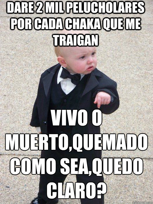 Dare 2 mil pelucholares por cada chaka que me traigan Vivo o Muerto,quemado como sea,QUEDO CLARO?   Baby Godfather