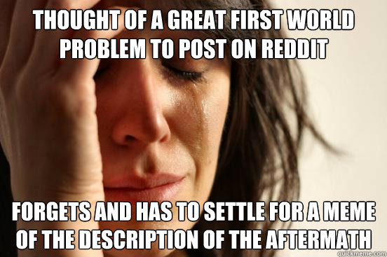 Thought of a great First world problem to post on reddit Forgets and has to settle for a meme of the description of the aftermath  First World Problems