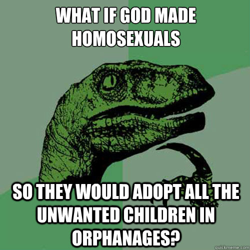 What if God made homosexuals so they would adopt all the unwanted children in orphanages?  Philosoraptor