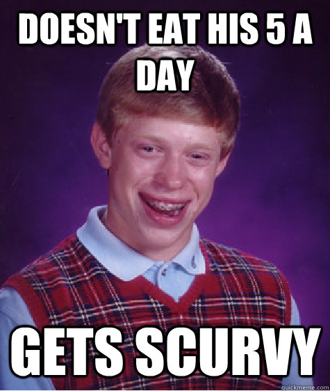 Doesn't eat his 5 a day Gets scurvy  Bad Luck Brian