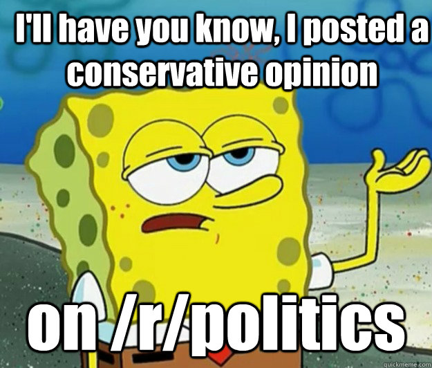 I'll have you know, I posted a conservative opinion on /r/politics - I'll have you know, I posted a conservative opinion on /r/politics  How tough am I