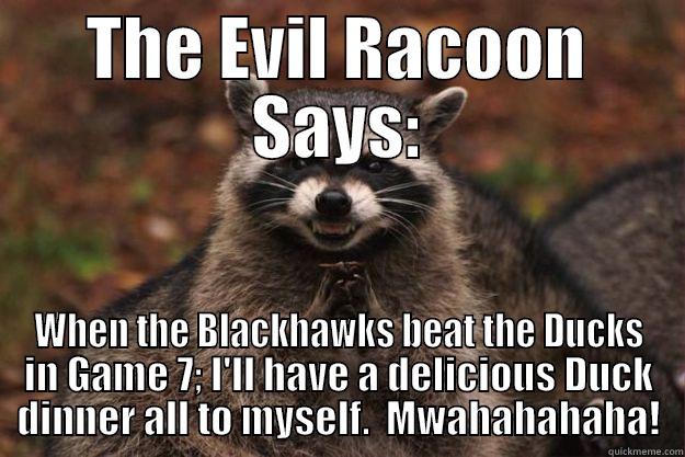 THE EVIL RACOON SAYS: WHEN THE BLACKHAWKS BEAT THE DUCKS IN GAME 7; I'LL HAVE A DELICIOUS DUCK DINNER ALL TO MYSELF.  MWAHAHAHAHA! Evil Plotting Raccoon