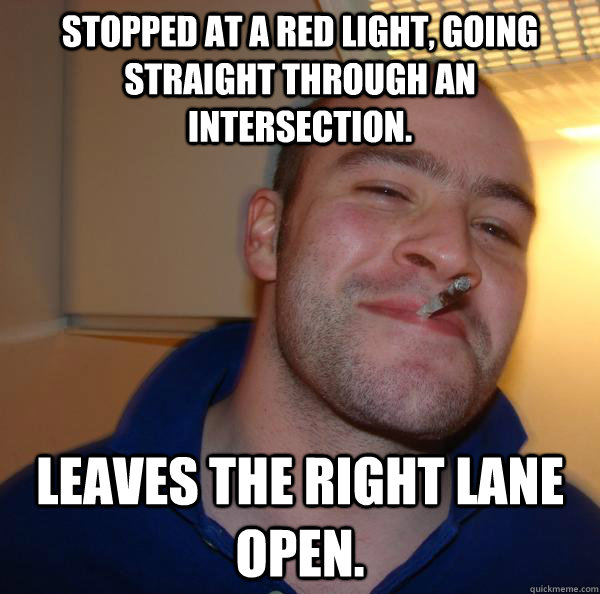 Stopped at a red light, going straight through an intersection. Leaves the right lane open. - Stopped at a red light, going straight through an intersection. Leaves the right lane open.  Misc