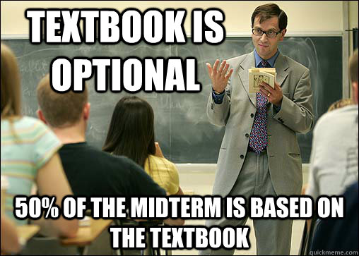 Textbook is optional 50% of the midterm is based on the textbook  