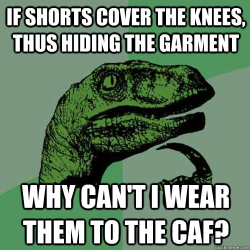 If shorts cover the knees, thus hiding the garment why can't i wear them to the caf?  Philosoraptor