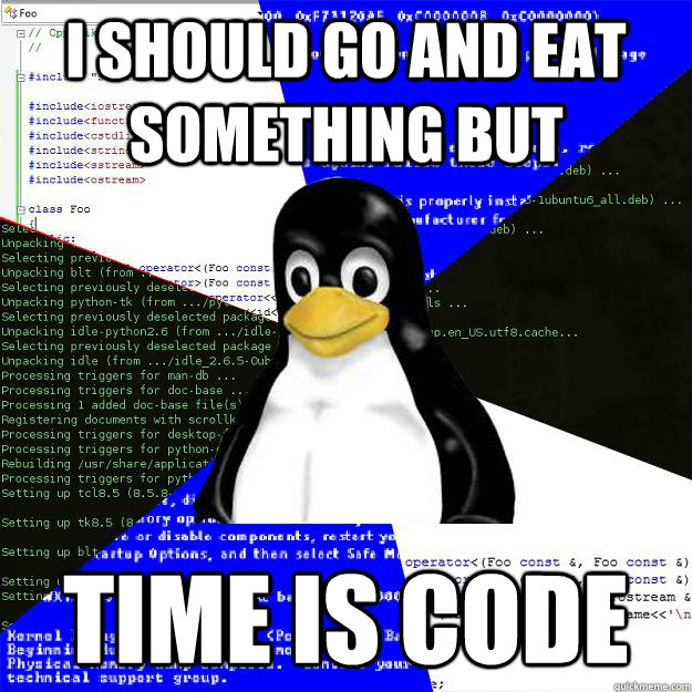 I should go and eat something but Time is Code  Computer Science Penguin