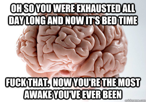 Oh so you were exhausted all day long and now it's bed time Fuck that.  now you're the most awake you've ever been - Oh so you were exhausted all day long and now it's bed time Fuck that.  now you're the most awake you've ever been  Scumbag Brain