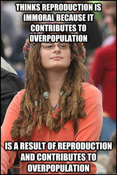 Thinks reproduction is immoral because it contributes to overpopulation is a result of reproduction and contributes to overpopulation - Thinks reproduction is immoral because it contributes to overpopulation is a result of reproduction and contributes to overpopulation  College Liberal