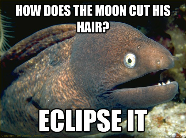 How does the moon cut his hair? Eclipse it - Bad Joke Eel - quickmeme