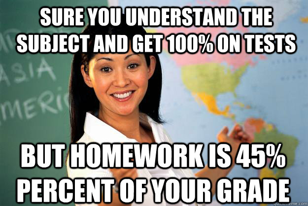 Sure you understand the subject and get 100% on tests but homework is 45% percent of your grade - Sure you understand the subject and get 100% on tests but homework is 45% percent of your grade  Unhelpful High School Teacher