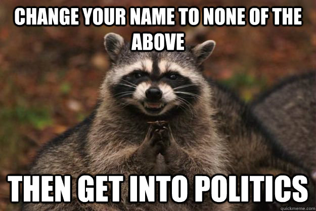 change your name to none of the above then get into politics  Evil Plotting Raccoon