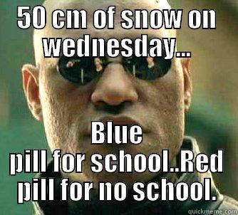 which pill? - 50 CM OF SNOW ON WEDNESDAY... BLUE PILL FOR SCHOOL..RED PILL FOR NO SCHOOL. Matrix Morpheus